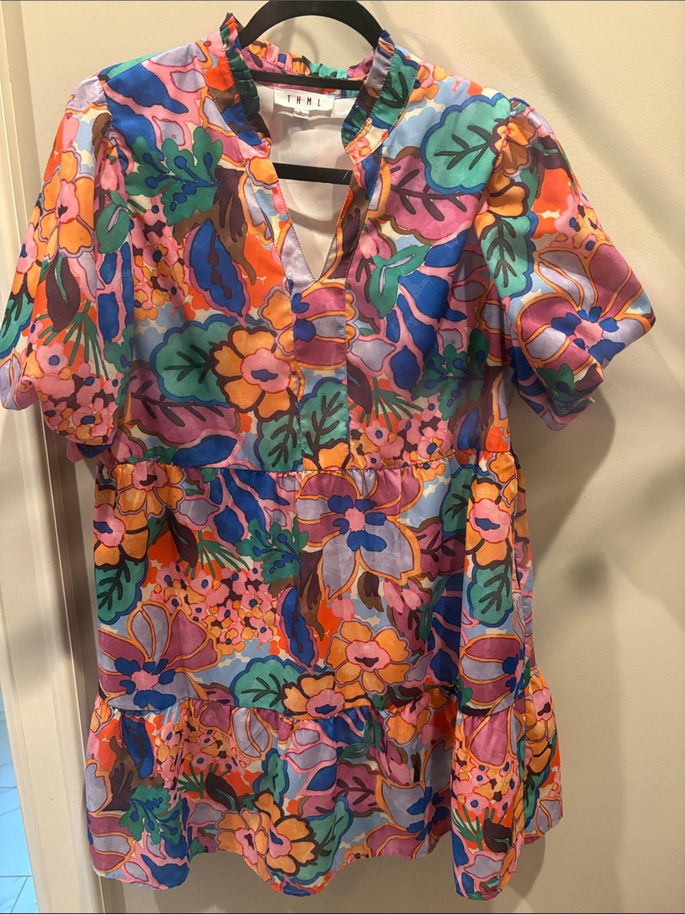 THML Multicolor Floral Short Sleeve Tunic - Pink Orange Blue Green
